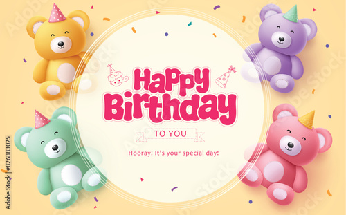 Happy birthday greeting vector template design. Birthday greeting text in circle space for typography with cute lovely teddy bear elements decoration. Vector illustration birthday invitation card 