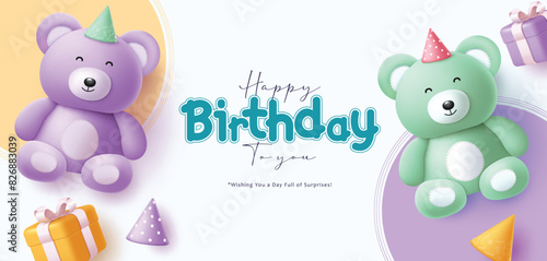 Happy birthday greeting vector design. Birthday greeting text with purple and green cute teddy bear elements for elegant invitation card background. Vector illustration birthday greeting card template
