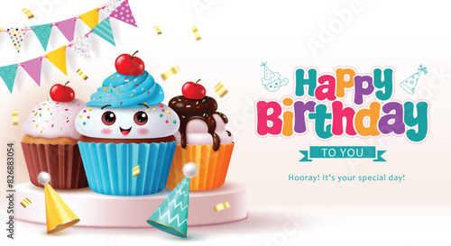 Happy birthday greeting vector design. Birthday cup cake character in podium stage with pennants elements for party decoration display presentation background. Vector illustration birthday greeting 