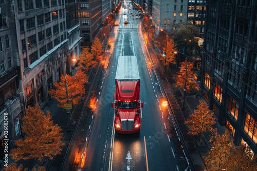A red truck is driving along a city street in autumn, surrounded by orange trees