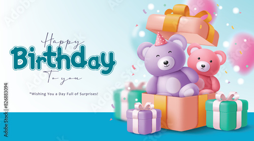 Happy birthday greeting vector design. Birthday greeting text with cute teddy bear elements in open gift box for kids party invitation card template. Vector illustration birthday card design.

