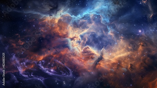 A stunning, cosmic landscape unfolds like a tapestry, with swirling clouds of gas and dust forming a vibrant, three-dimensional landscape.