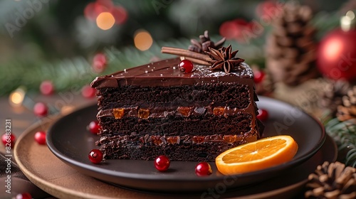 A slice of chocolate cake on a plate  garnished with an orange slice and pine needles  red and green Christmas decorations 