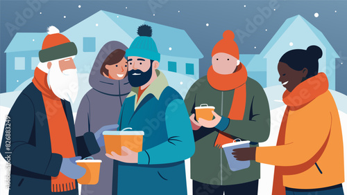 Despite the cold weather a group of dedicated church members hand out hot meals and winter gear to the homeless individuals in their urban community.. Vector illustration