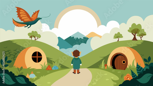 A whimsical ink and watercolor representation of Bilbo Baggins unexpected adventure from The Hobbit complete with hobbit holes butterflies and a. Vector illustration