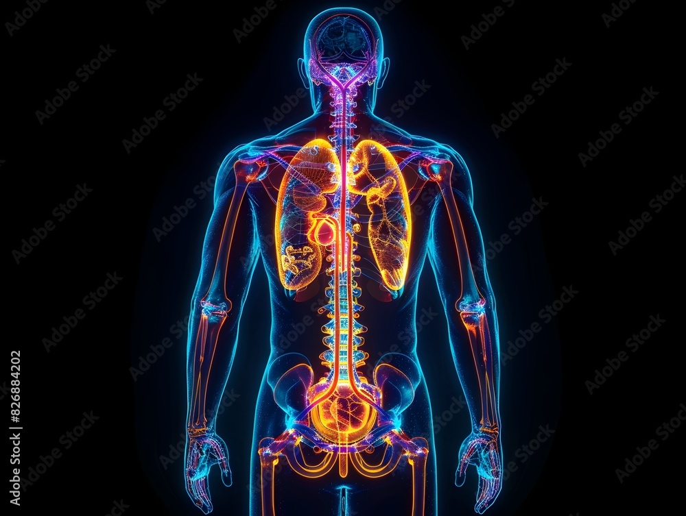 Vibrant Neon Lit 3D X Ray Rendering Highlighting Shimmering Kidneys in Rear Human Body View Vibrant Neon Lit 3D X Ray Rendering Highlighting Shimmering Kidneys in Rear Human Body View
