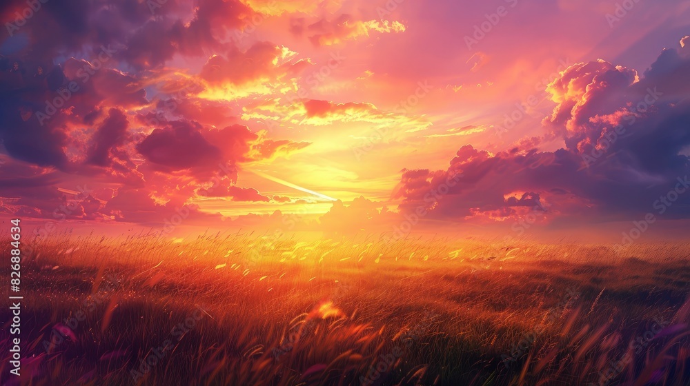 Sunset over a field of grass, with the sky painted in hues of orange, pink, and purple Sunset over a field of grass, with the sky painted in hues of orange, pink, and purple