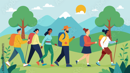The community fitness challenge kicks off with a group hike encouraging participants to enjoy the great outdoors and get some fresh air while being. Vector illustration
