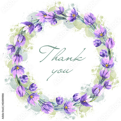 A card with a flower circle and the text Thank You, painted in watercolor. Thank you in the circle with purple snowdrops. Thank you card with botanical illustration, background