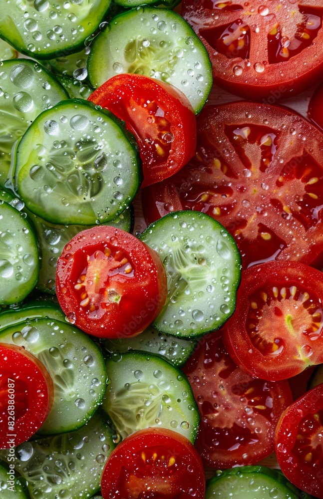 a lot of slices of cucumbers and tomatoes, in drops of water a lot of slices of cucumbers and tomatoes, in drops of water