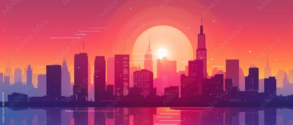 Fototapeta premium Citypop style flat design front view sunset theme animation Analogous Color Scheme