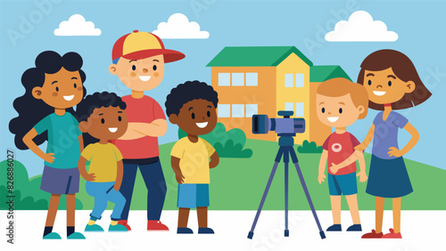 A group of neighborhood kids filming a day in the life vlog showing their daily routines and activities.. Vector illustration