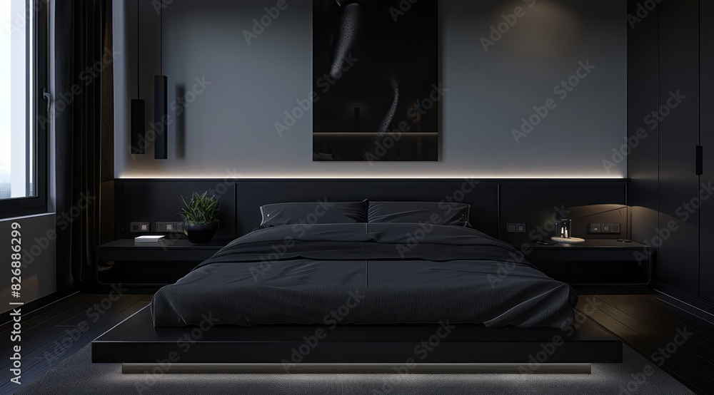 Fototapeta premium A minimalist black bedroom interior with a focus on simplicity, featuring a black platform bed, minimalist artwork, and soft ambient lighting
