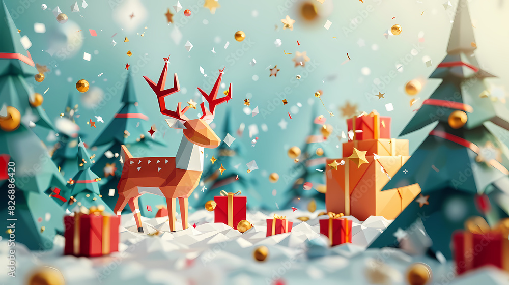 Low poly 3D image of happy new year, christmas winter festive composition. colorful christmas background with realistic 3D decorative design objects. Low poly 3D image of happy new year, christmas winter festive composition. colorful christmas background with realistic 3D decorative design objects.