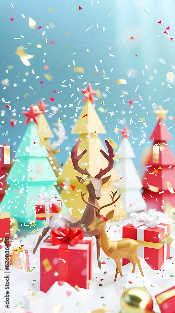 Low poly 3D image of happy new year, christmas winter festive composition. colorful christmas background with realistic 3D decorative design objects. Low poly 3D image of happy new year, christmas winter festive composition. colorful christmas background with realistic 3D decorative design objects.
