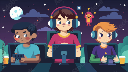 As the night wears on the junior gamers start to look a bit blearyeyed but their determination to keep playing and having fun remains unwavering.. Vector illustration