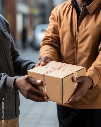 Close-up of a courier handing a package to a recipient with a next-day delivery label, isolated on white background, highlighting speed and reliability