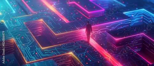 Abstract Digital Maze with Glowing Paths Representing Business Challenges