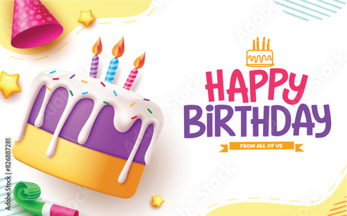 Happy birthday greeting vector template design. Birthday greeting with party cake, candle and party hat decoration elements in abstract background. Vector illustration birthday greeting card template.