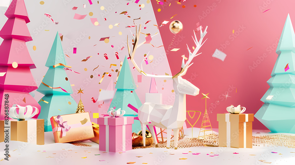 Obraz premium Low poly 3D image of happy new year, christmas winter festive composition. colorful christmas background vector illustration