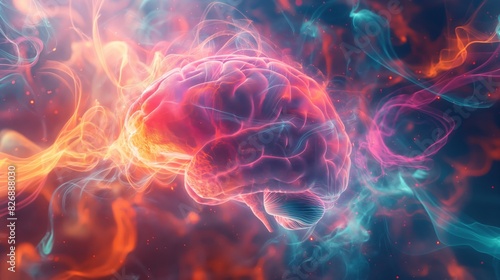 A glowing human brain depicted in vivid neon colors against a dark, swirling backdrop, illustrating the intricate workings and energy of the mind.
