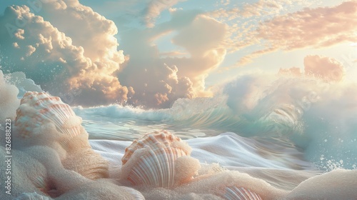 Dreamy coastal scene with large seashells and soft waves, illuminated by warm, ethereal light, creating a peaceful and enchanting atmosphere. photo