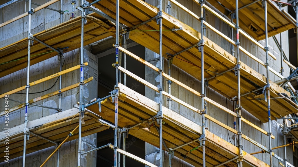 Wooden scaffolding surrounds the exterior of the hub providing support for workers as they continue to build upwards.