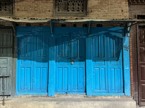 Blue doors at night, Kathmandu, Nepal