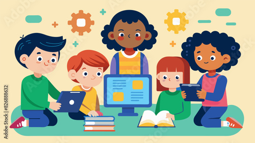 Children collaborating on a digital escape room challenge using clues and interactive features from the ebook to solve puzzles and escape before time. Vector illustration