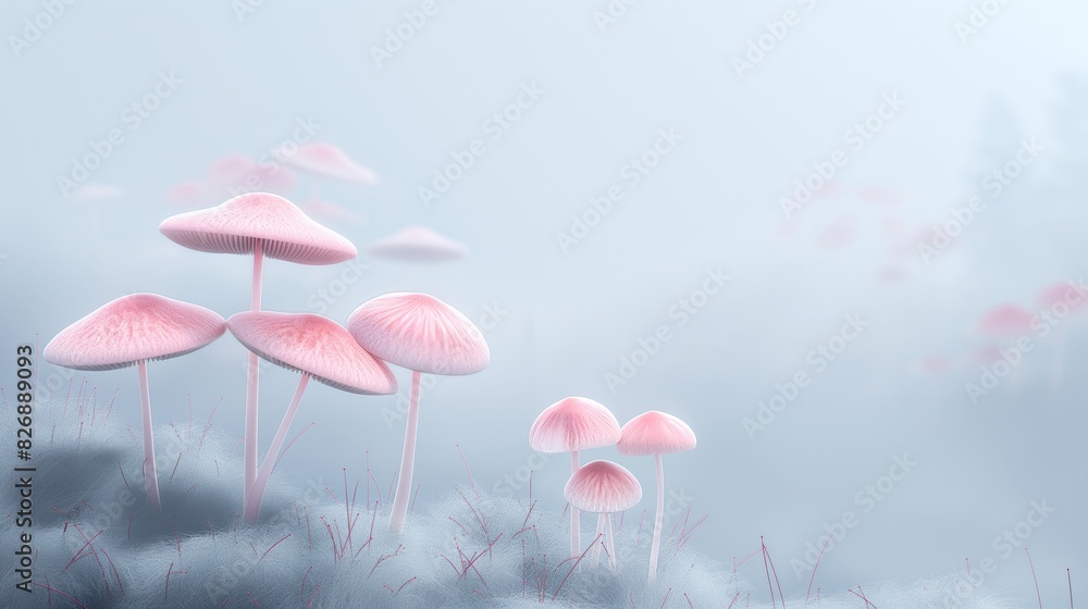 Obraz premium Delicate pink mushrooms in a foggy, soft-toned environment, creating a peaceful and otherworldly atmosphere in a tranquil forest setting.