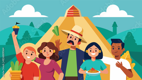 A group of tourists taking selfies with a towering pyramid of fresh tacos at the vibrant Mexican food stand.. Vector illustration