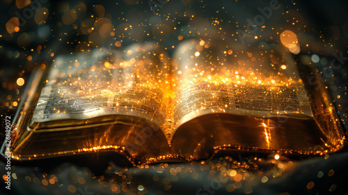 The Bible is bathed in a radiant golden light shimmer