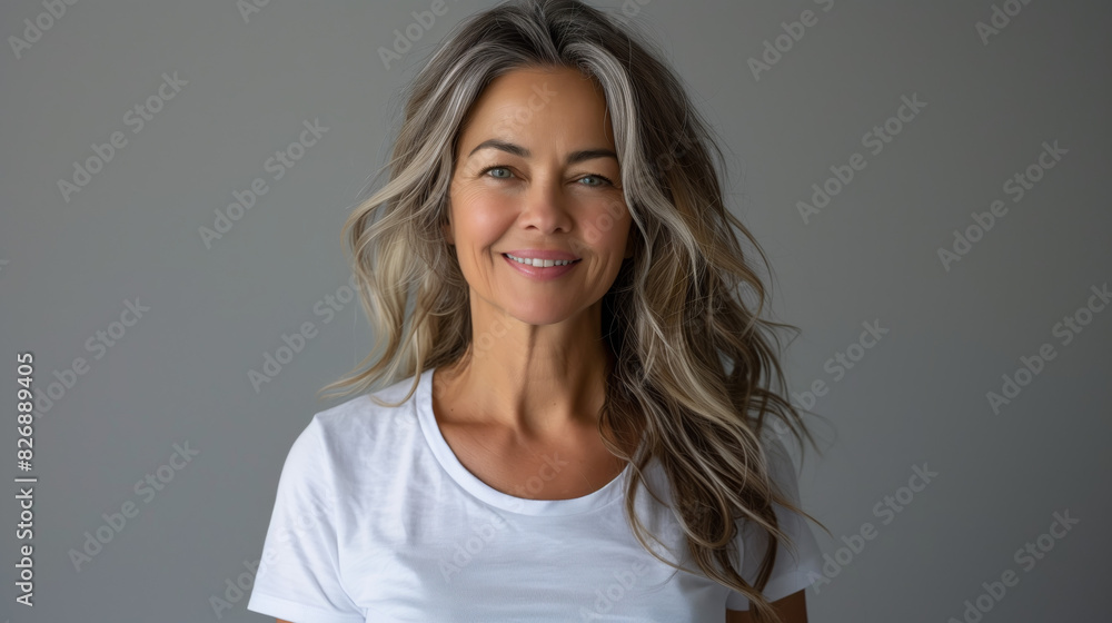 A smiling middle-aged woman wears a white blank t-shirt, offering ample space for logos or text. A smiling middle-aged woman wears a white blank t-shirt, offering ample space for logos or text.