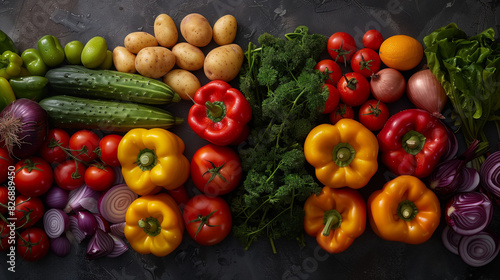 A  vibrant display of various fresh vegetable  tomatoes  carrots  red onion  beetroot  eggplans  cucumbers and washed potatoes