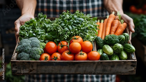 A person holding a box filled with a variety of vegetables including carrots  broccoli  and tomatoes. 