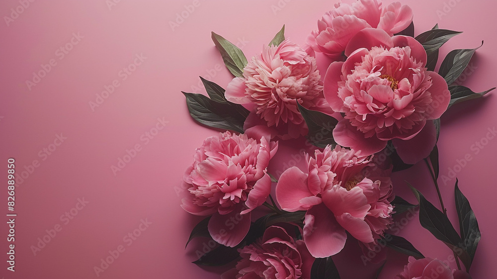 Banner with frame made of rose flowers and green leaves on a pink background Springtime composition. Composition frame corner folded from pink roses Pink background and place for text. Banner with frame made of rose flowers and green leaves on a pink background Springtime composition. Composition frame corner folded from pink roses Pink background and place for text.