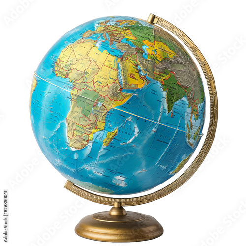 a classic world globe showcasing continents and countries, useful for educational and decorative purposes.PNG and White background.