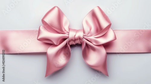 Top view of an elegant satin ribbon bow tied perfectly, isolated on a white background, studio lighting