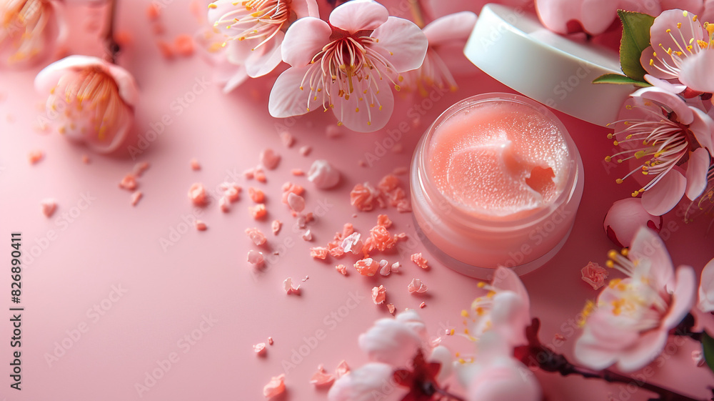 A jar of gel on a pink floral background Place for a logo High quality photo. Skincare table pink and white theme top view. A jar of gel on a pink floral background Place for a logo High quality photo. Skincare table pink and white theme top view.