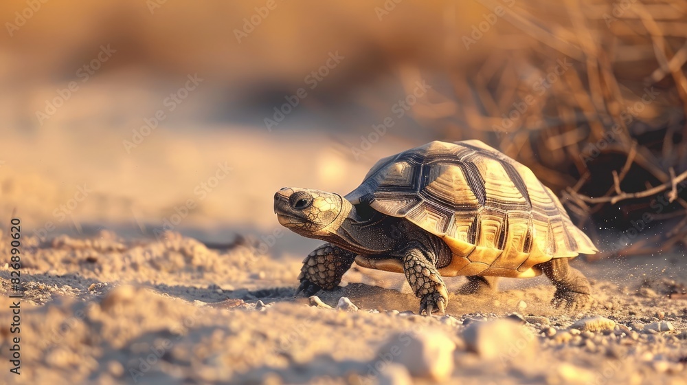 Obraz premium Central Asian turtle moving on the sandy terrain