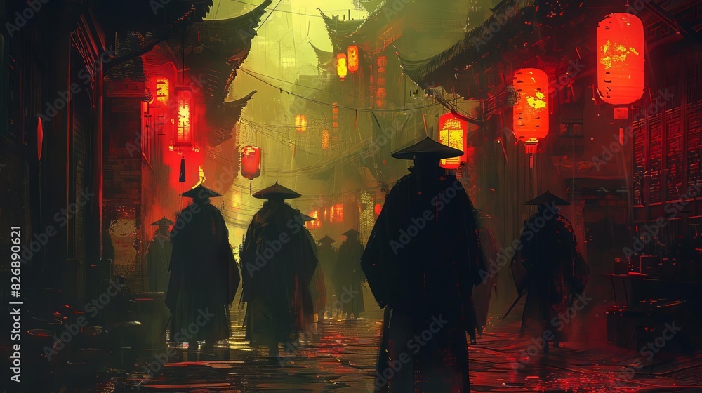 Mysterious triad members in a dimly lit alley Mysterious triad members in a dimly lit alley