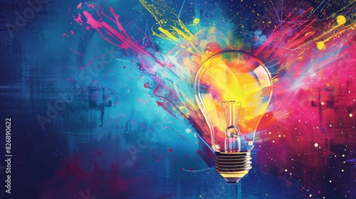 Illuminated light bulb with colorful splashes - A creative concept of a light bulb illuminated with vibrant color splashes against a dark background