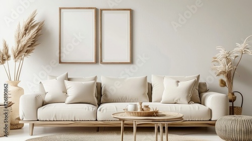Modern interior, sofa and armchair in light colors with decorative elements on the table mockup, photo frames, copy space. 3D rendering