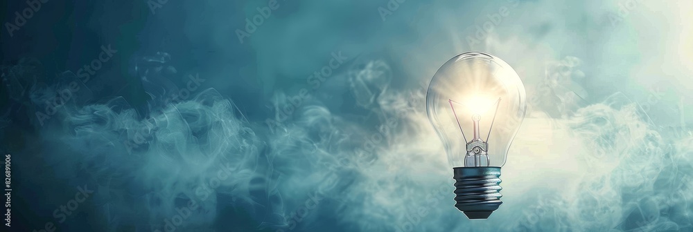 Suspended light bulb with swirling smoke - A single light bulb hangs centered, emitting a warm glow amongst abstract ethereal smoke, conveying a mood of contemplation and mystery Suspended light bulb with swirling smoke - A single light bulb hangs centered, emitting a warm glow amongst abstract ethereal smoke, conveying a mood of contemplation and mystery