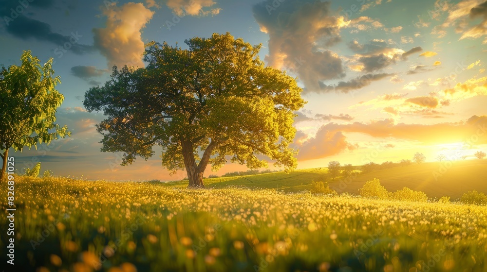 Obraz premium Lonely tree in a sunlit meadow - A single tree stands tall in a sunlit meadow during sunset, casting a beautiful glow over the landscape