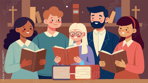 A group of friends taking turns flipping through genealogy books in the church archives amazed by the vast amount of information at their fingertips.. Vector illustration