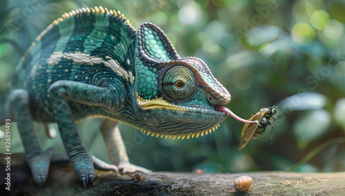 A chameleon with its tongue out about to eat an insect