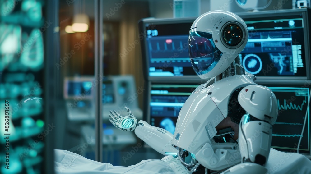 Medical AI robot interacting with a patient, virtual diagnosis screens and research data overlay, advanced healthcare setting Medical AI robot interacting with a patient, virtual diagnosis screens and research data overlay, advanced healthcare setting
