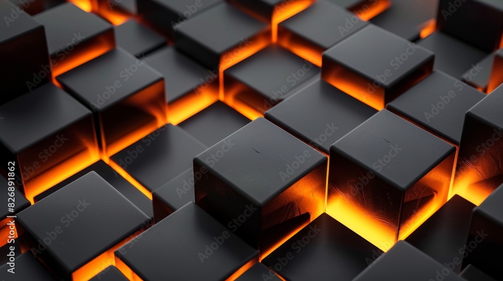 Layered black cubes with pulsating orange light, creating a visually striking and modern geometric arrangement Layered black cubes with pulsating orange light, creating a visually striking and modern geometric arrangement