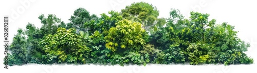 Lush green tropical vegetation isolated on white background showcasing dense jungle foliage and various plant species.